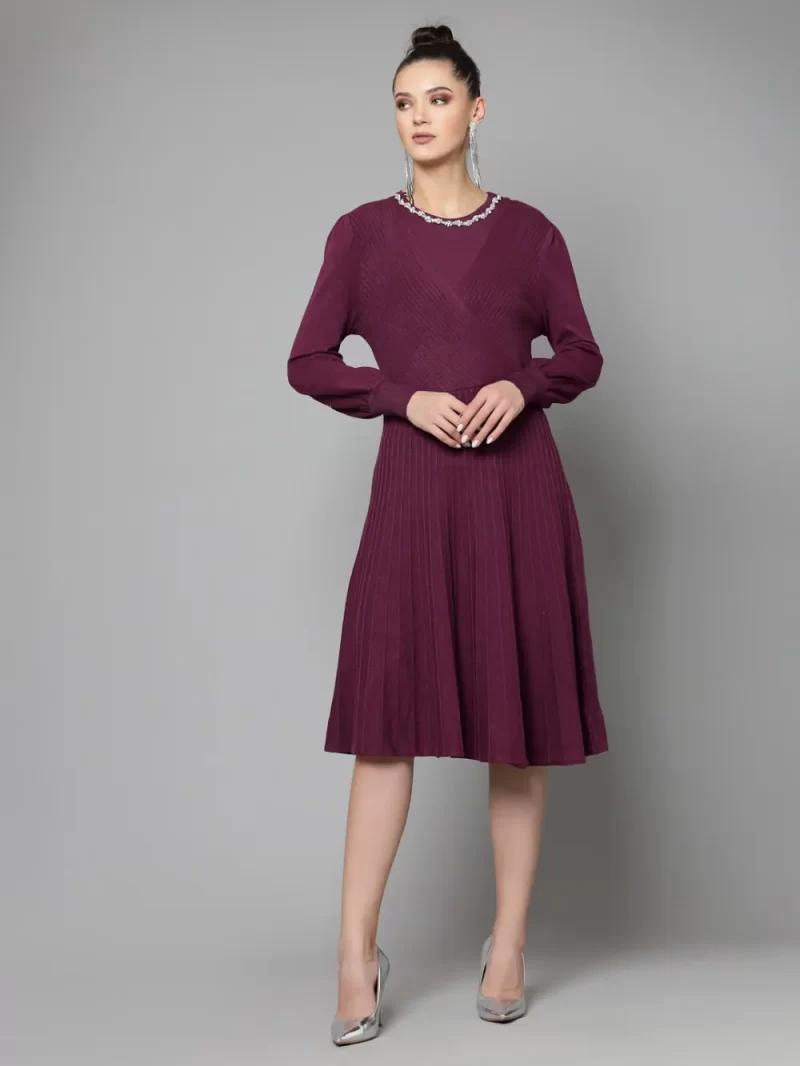 Self Design Round Neck Cuffed Sleeves Embellished A-Line Dress