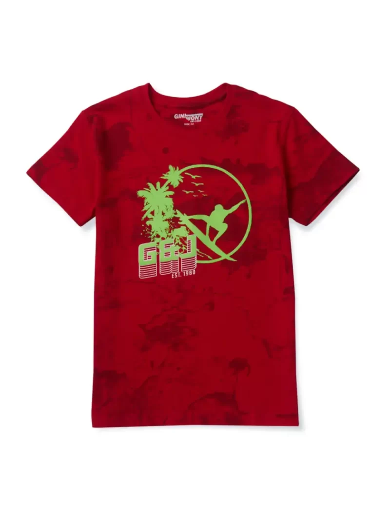 Gini And Jony Boys Red Printed Cotton Half Sleeves T-Shirt