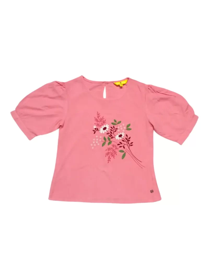 Gini And Jony Girls Pink Embroidery Cotton Half Sleeves Knits Top