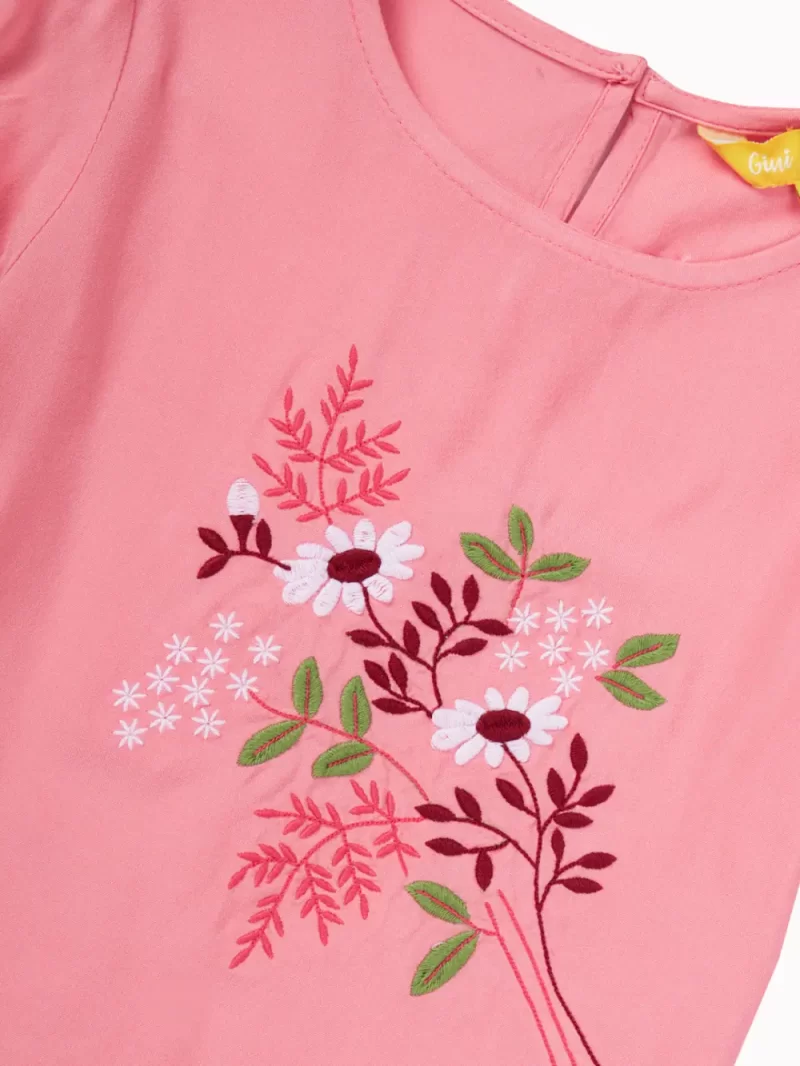 Gini And Jony Girls Pink Embroidery Cotton Half Sleeves Knits Top