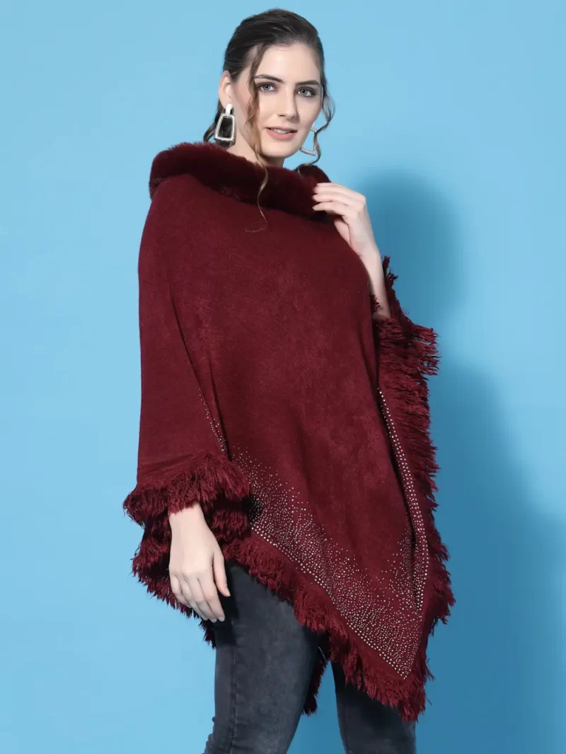 Poncho With Fur Neck & Shimmer Dot Design