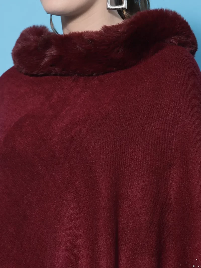 Poncho With Fur Neck & Shimmer Dot Design