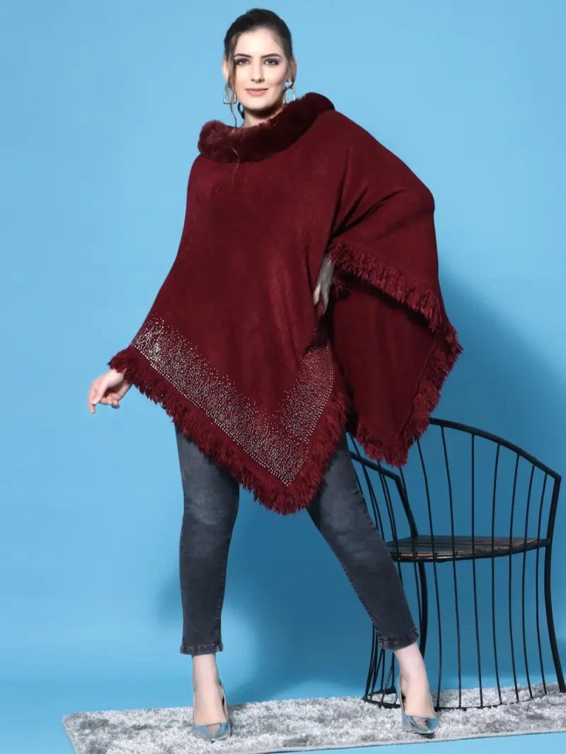 Poncho With Fur Neck & Shimmer Dot Design