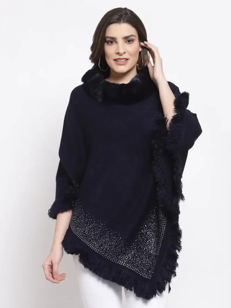 Poncho With Fur Neck & Shimmer Dot Design