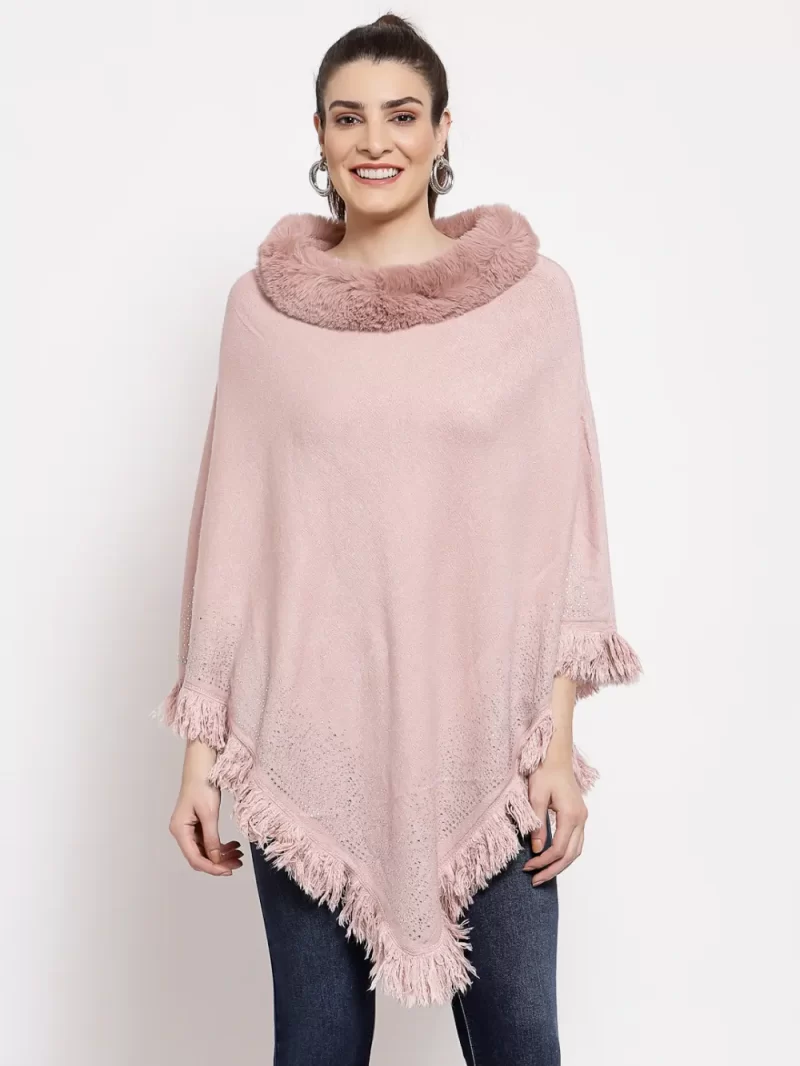 Poncho With Fur Neck & Shimmer Dot Design