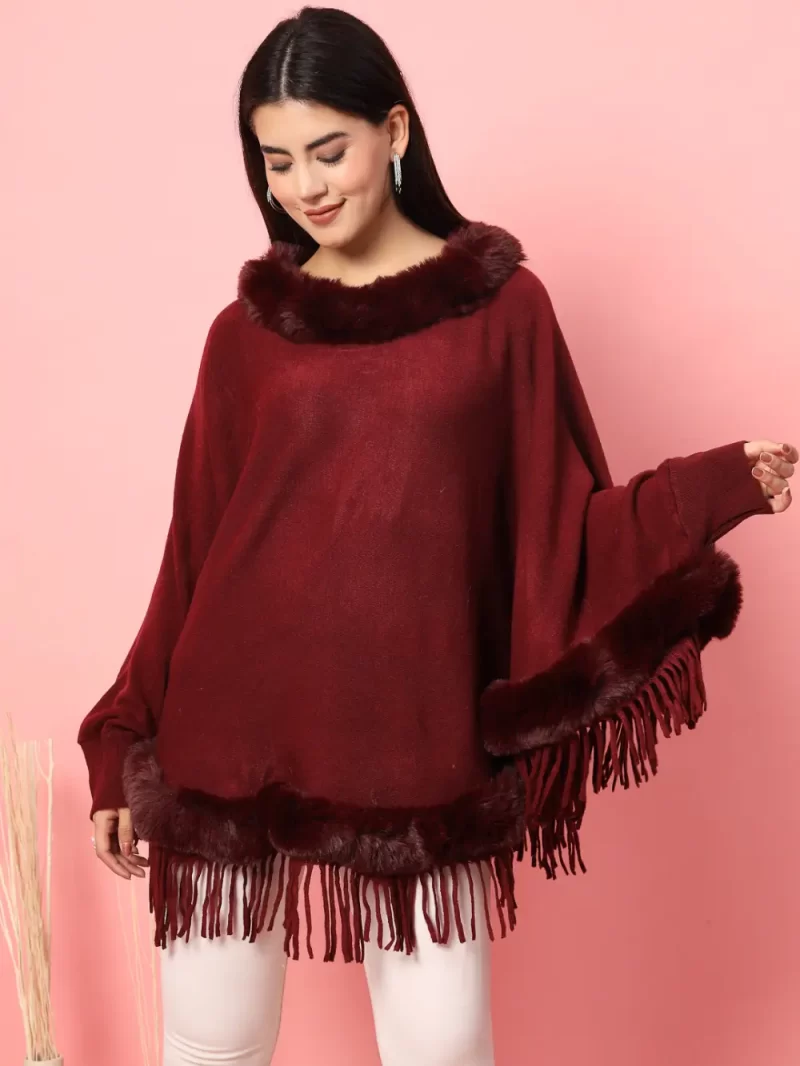 Women Maroon Solid Poncho