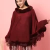 Women Maroon Solid Poncho