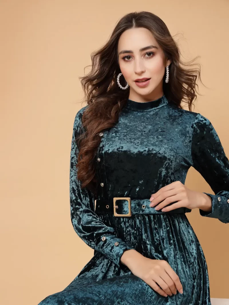 Self Design Puff Sleeves Fit & Flare Dress