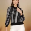 Striped High Neck Puff Sleeves Crop Pullover