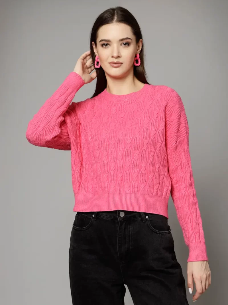 Self Design Round Neck Long Sleeve Pullover Sweater