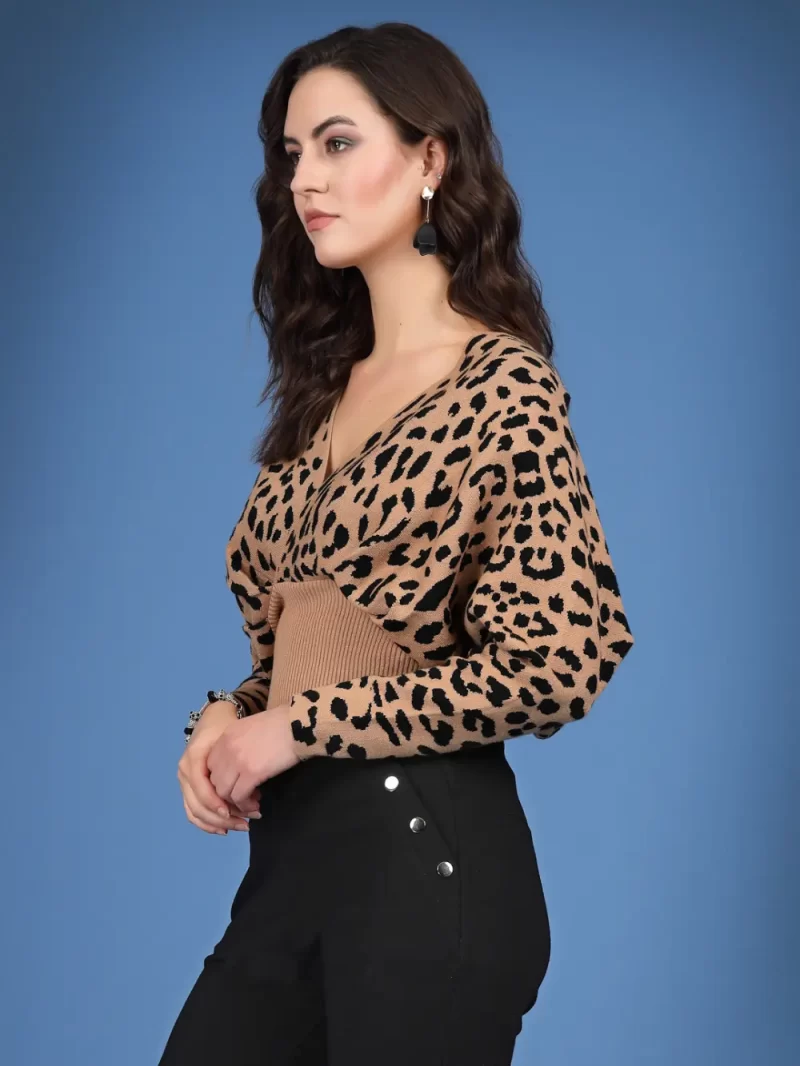 Animal Printed V-Neck Crop Pullover Sweater