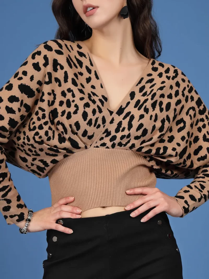 Animal Printed V-Neck Crop Pullover Sweater