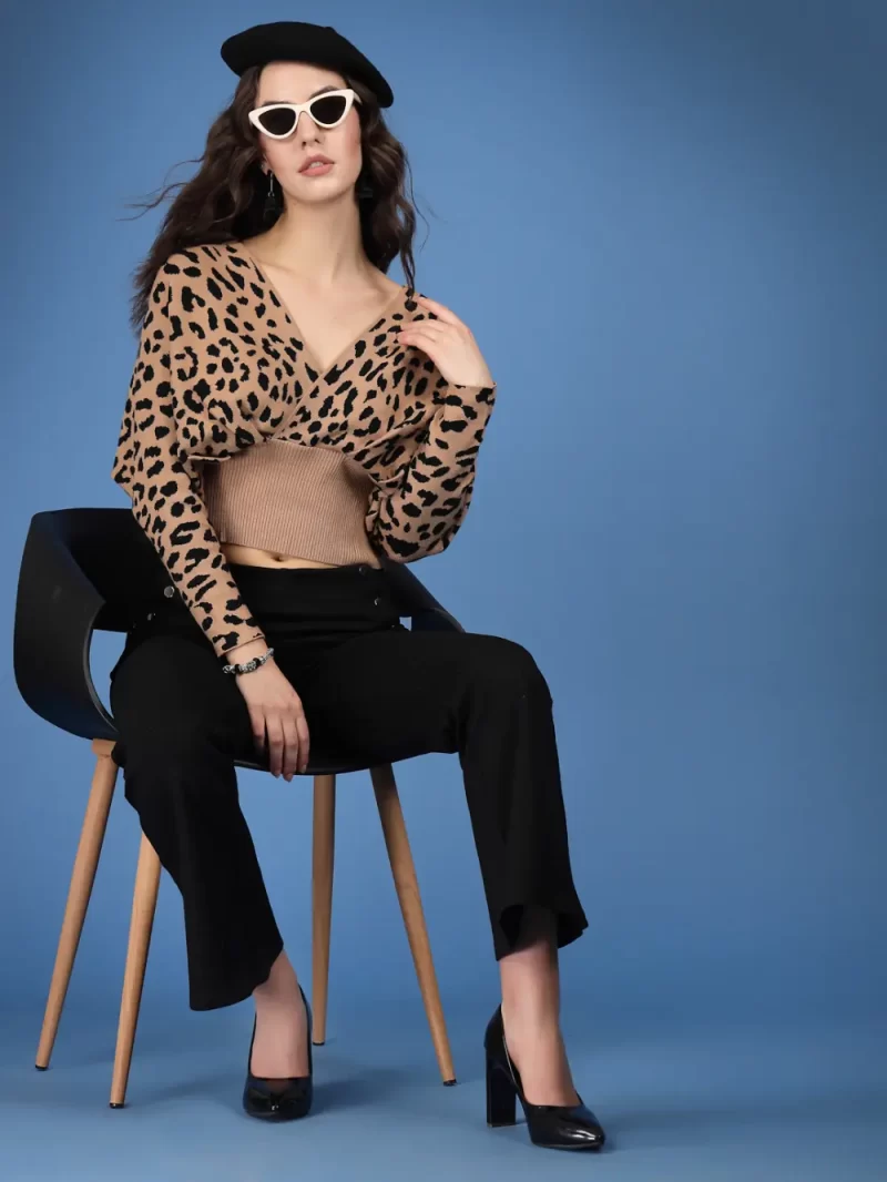 Animal Printed V-Neck Crop Pullover Sweater