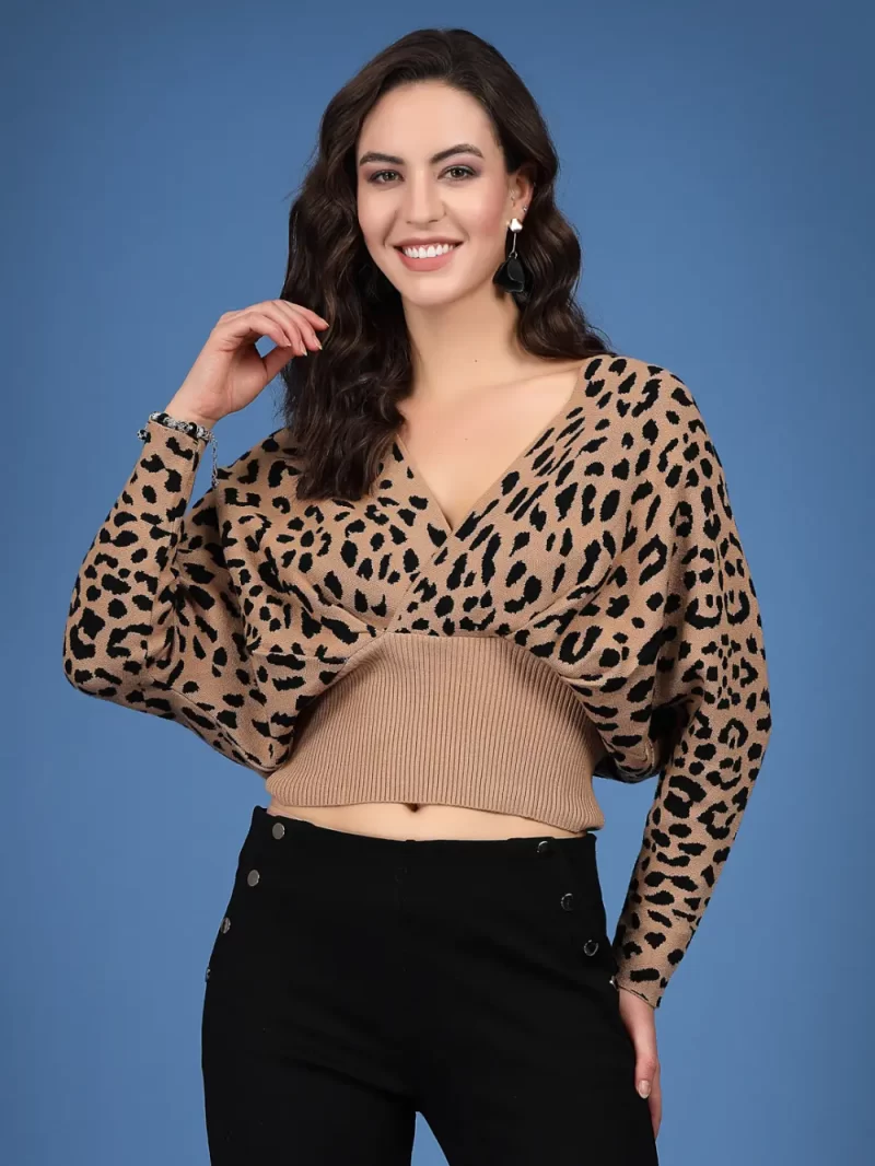 Animal Printed V-Neck Crop Pullover Sweater