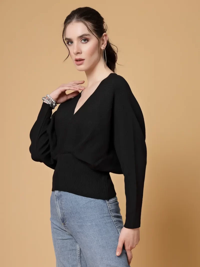 V Neck Cuffed Sleeves Pullover