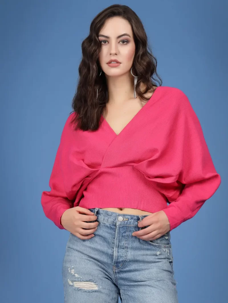 V Neck Cuffed Sleeves Pullover