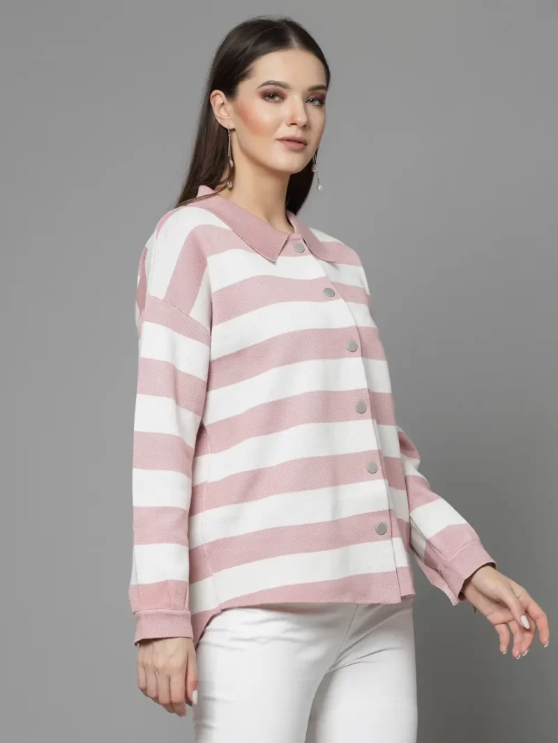 Striped Shirt Collar Cardigan Sweater