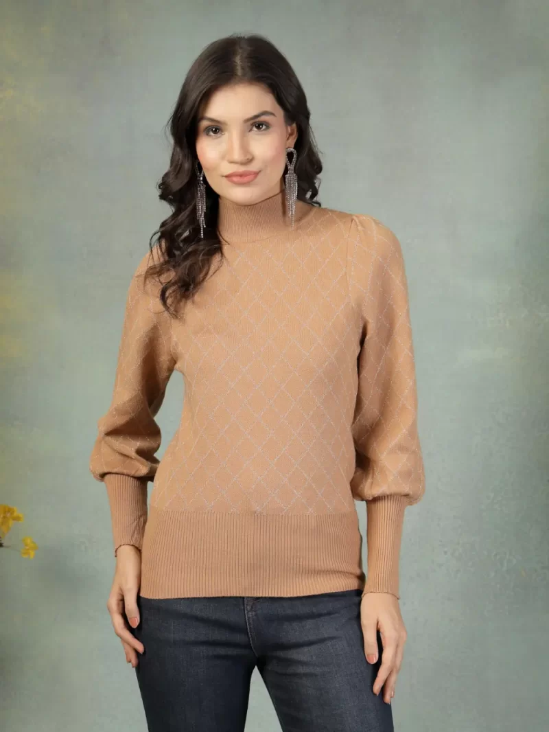 Checked High Neck Puff Sleeves Pullover