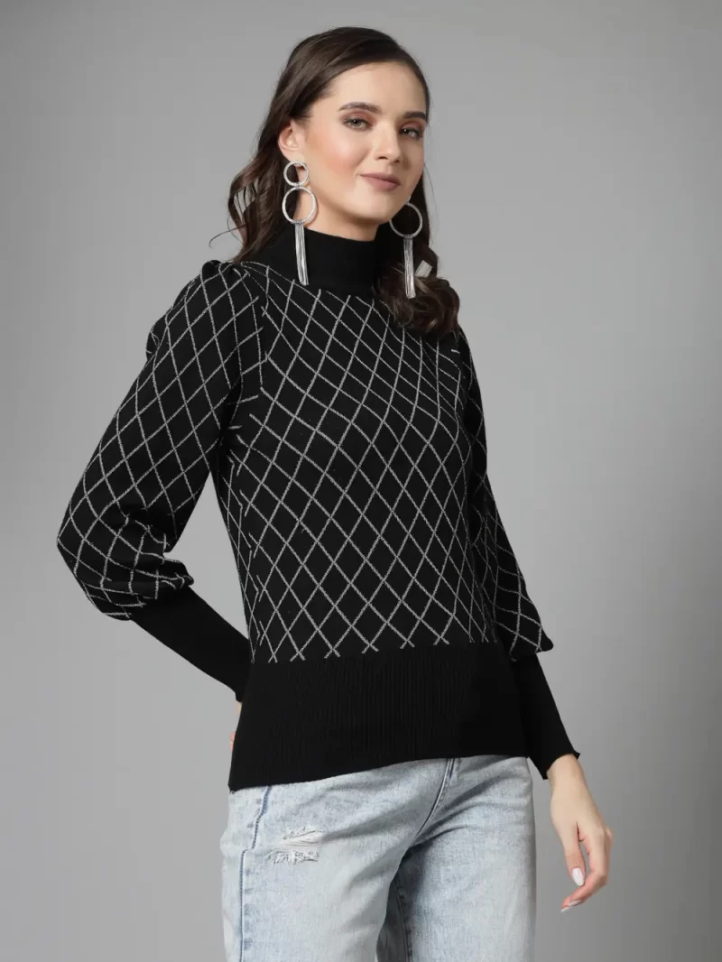 Checked High Neck Puff Sleeves Pullover