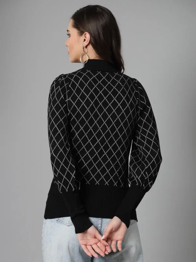 Checked High Neck Puff Sleeves Pullover