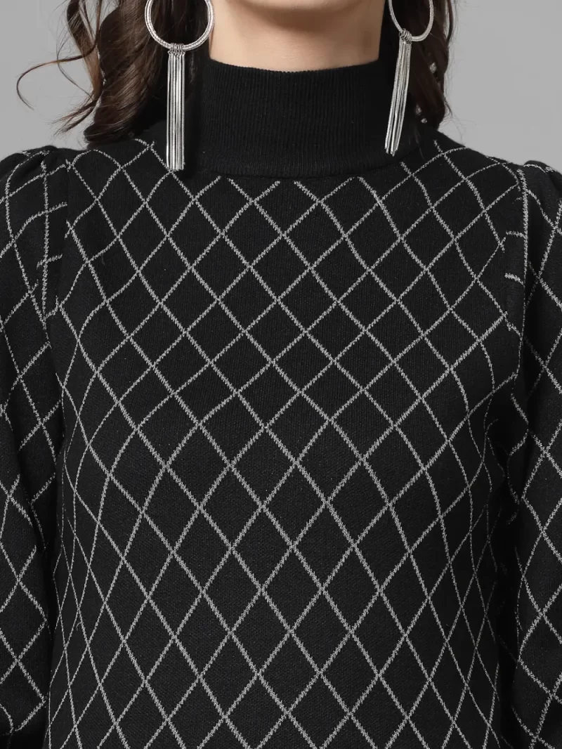 Checked High Neck Puff Sleeves Pullover