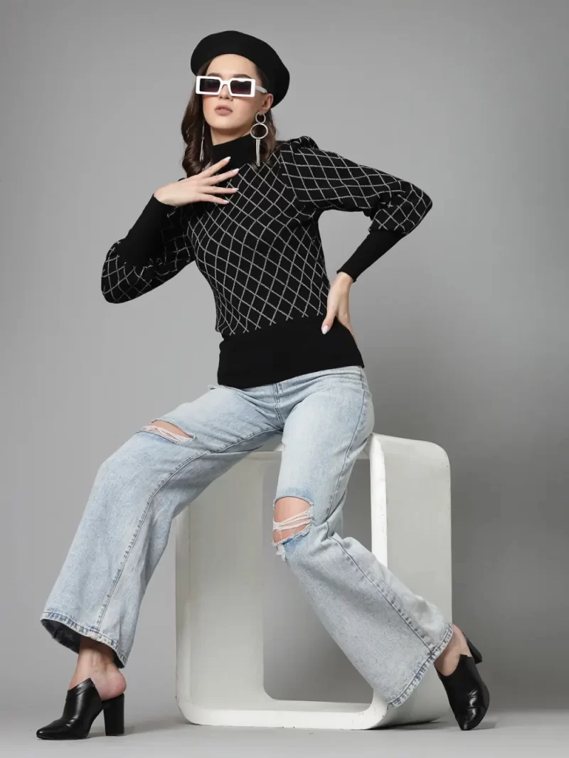 Checked High Neck Puff Sleeves Pullover