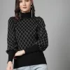 Checked High Neck Puff Sleeves Pullover