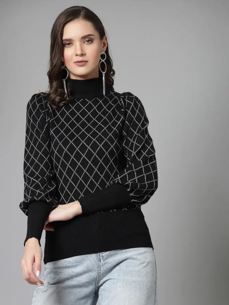 Checked High Neck Puff Sleeves Pullover
