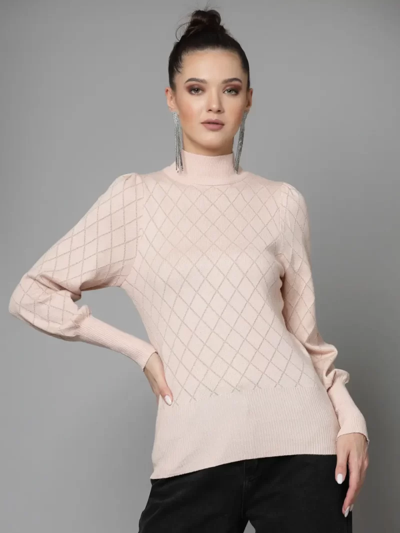 Checked High Neck Puff Sleeves Pullover