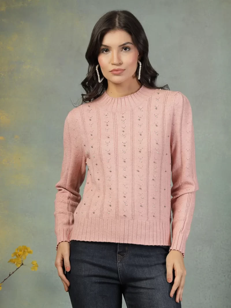 Open Knit Pullover Sweater With Embellished