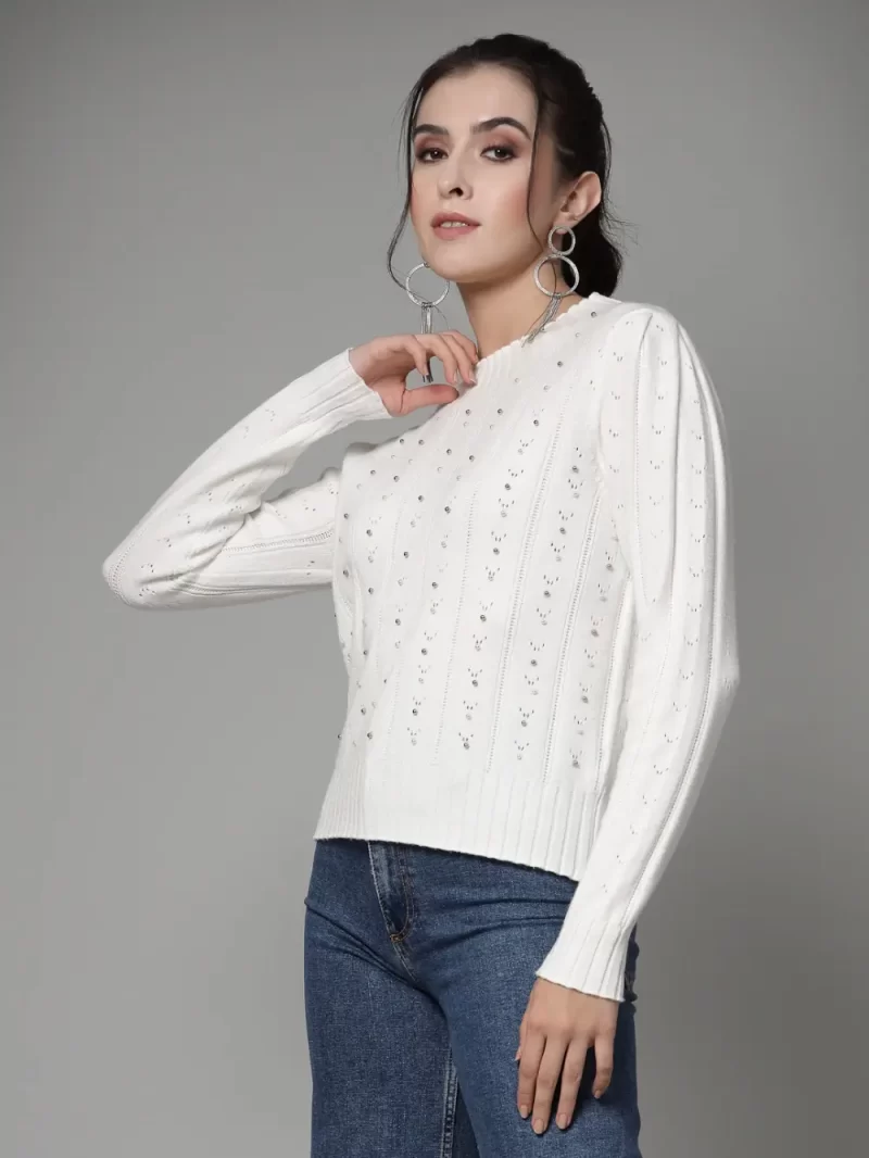 Open Knit Pullover Sweater With Embellished