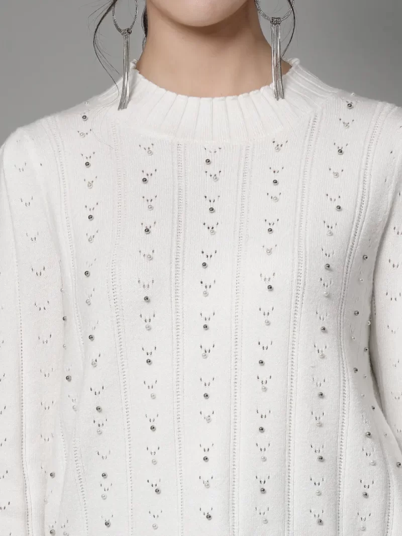 Open Knit Pullover Sweater With Embellished