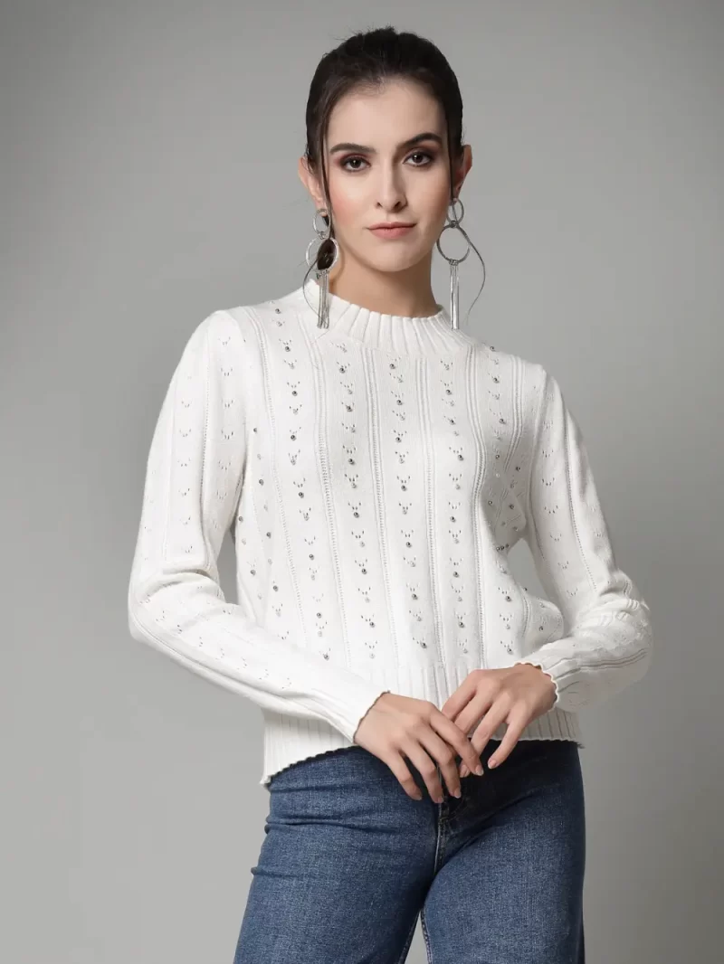 Open Knit Pullover Sweater With Embellished