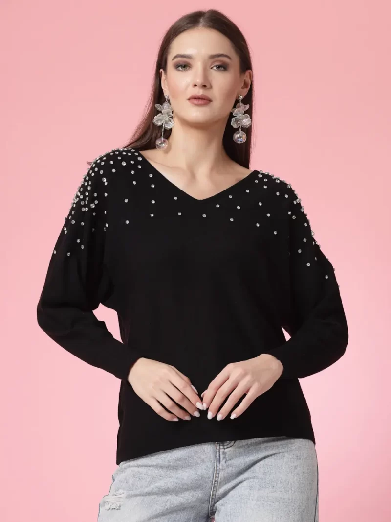 Long Sleeves V-Neck Pullover With Embellished Detail