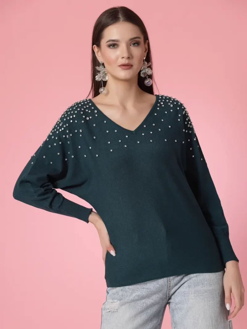 Long Sleeves V-Neck Pullover With Embellished Detail