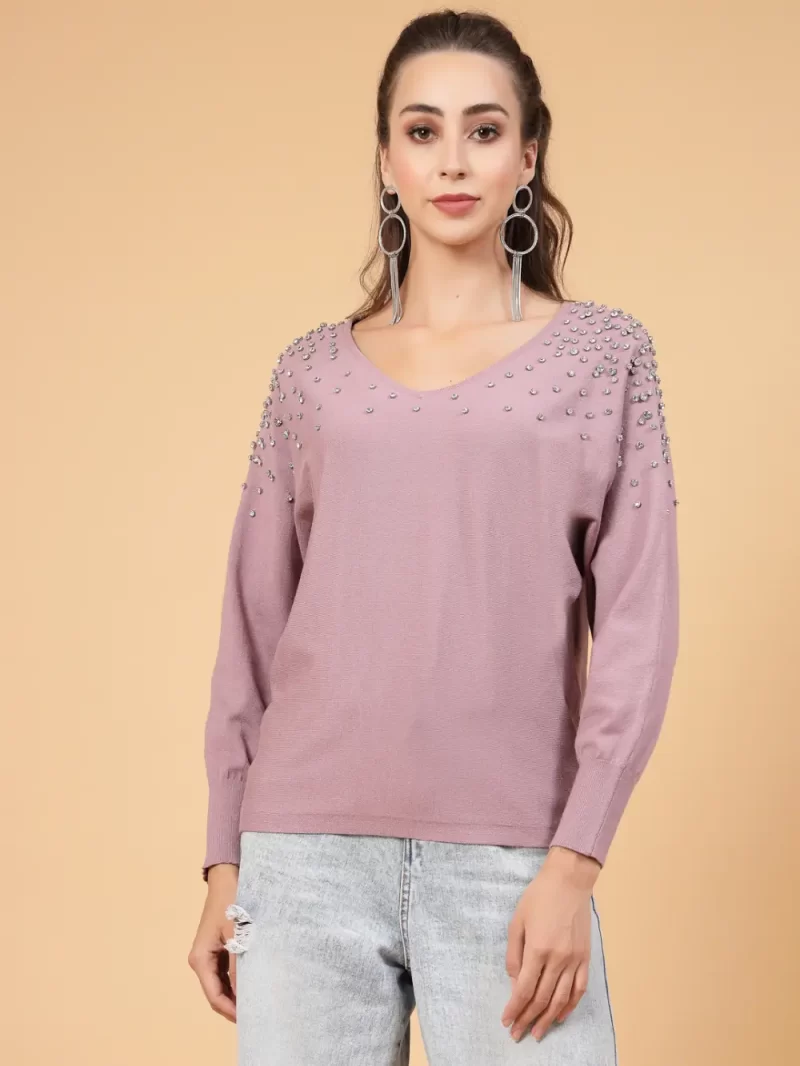 Long Sleeves V-Neck Pullover With Embellished Detail