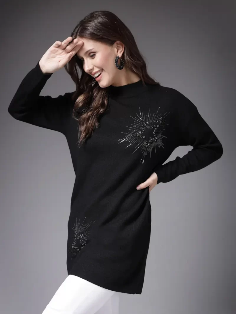 High Neck Embellished Detail Longline Pullover
