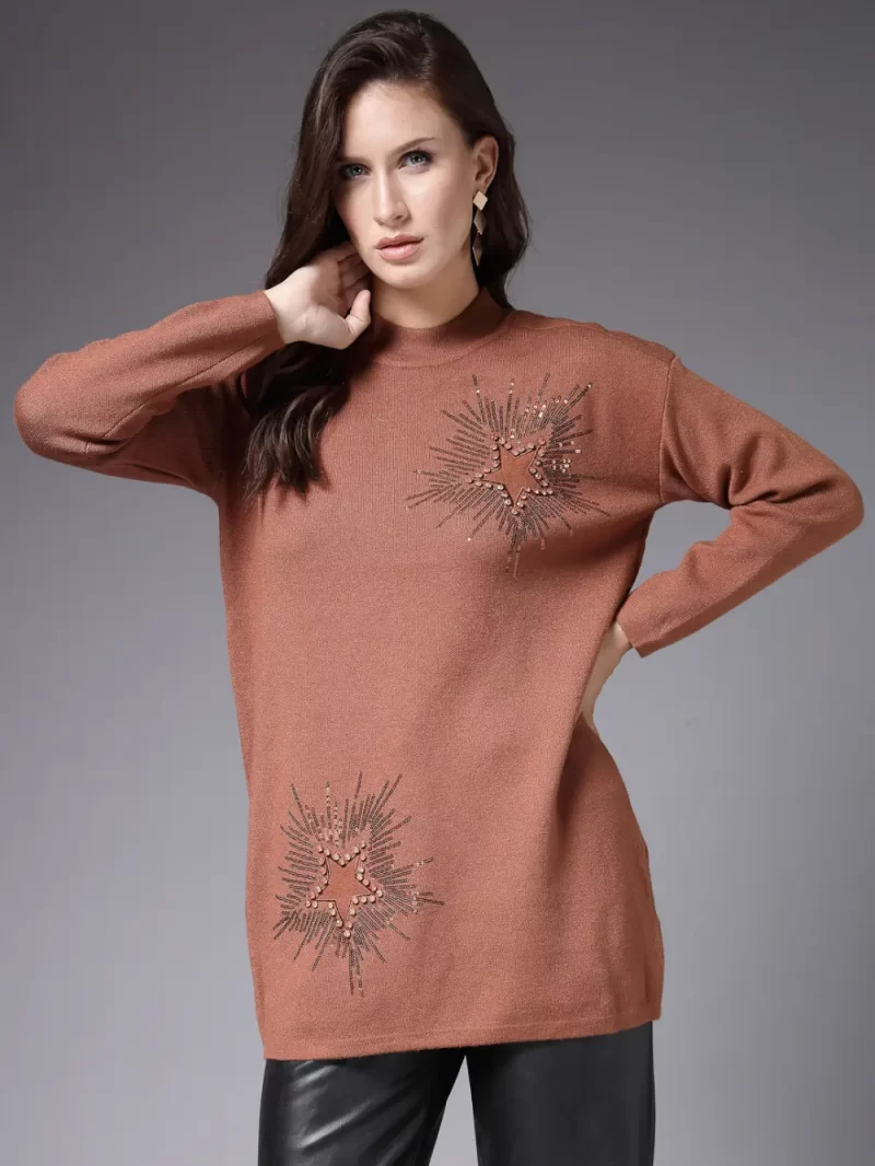 High Neck Embellished Detail Longline Pullover