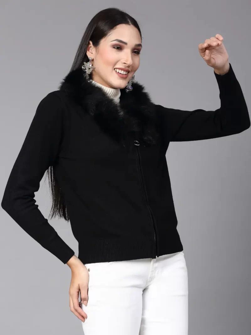 Long Sleeves Front-Open Sweater With Faux Fur