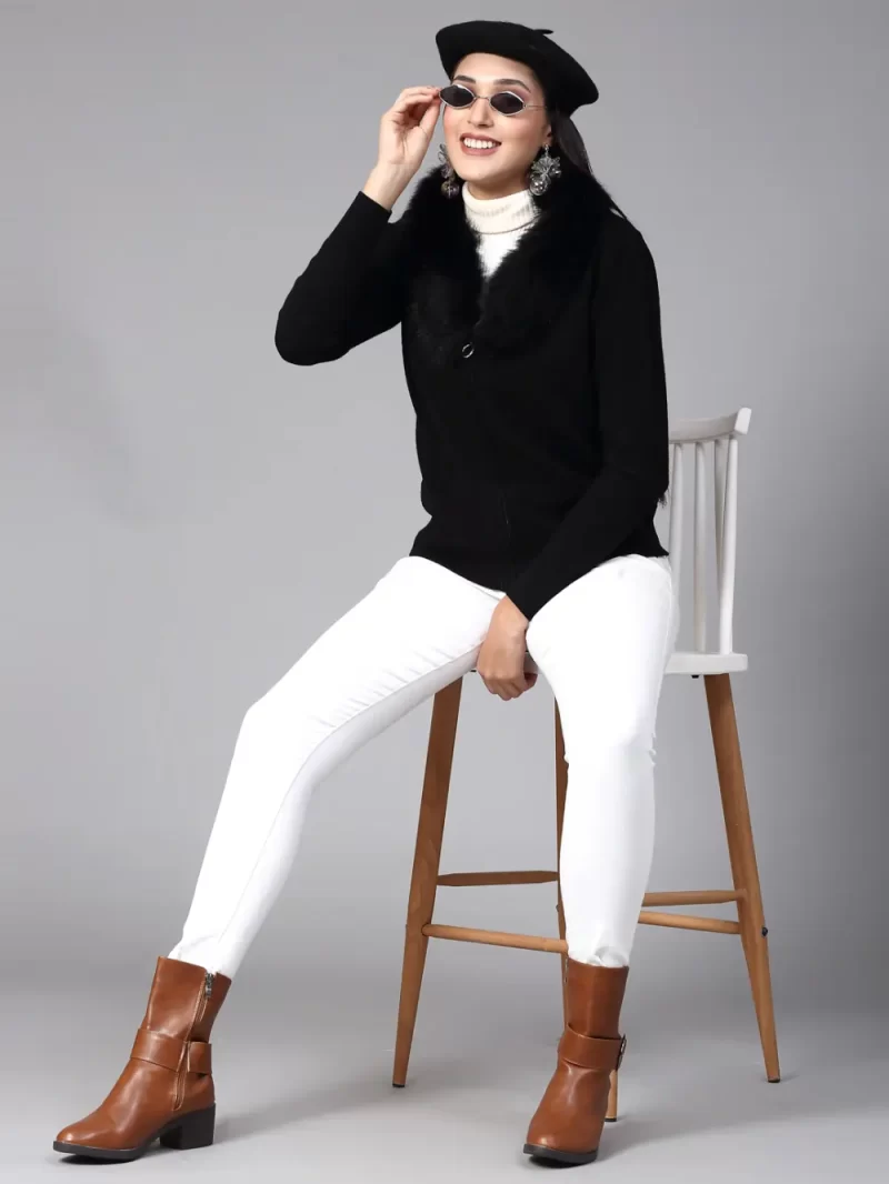 Long Sleeves Front-Open Sweater With Faux Fur