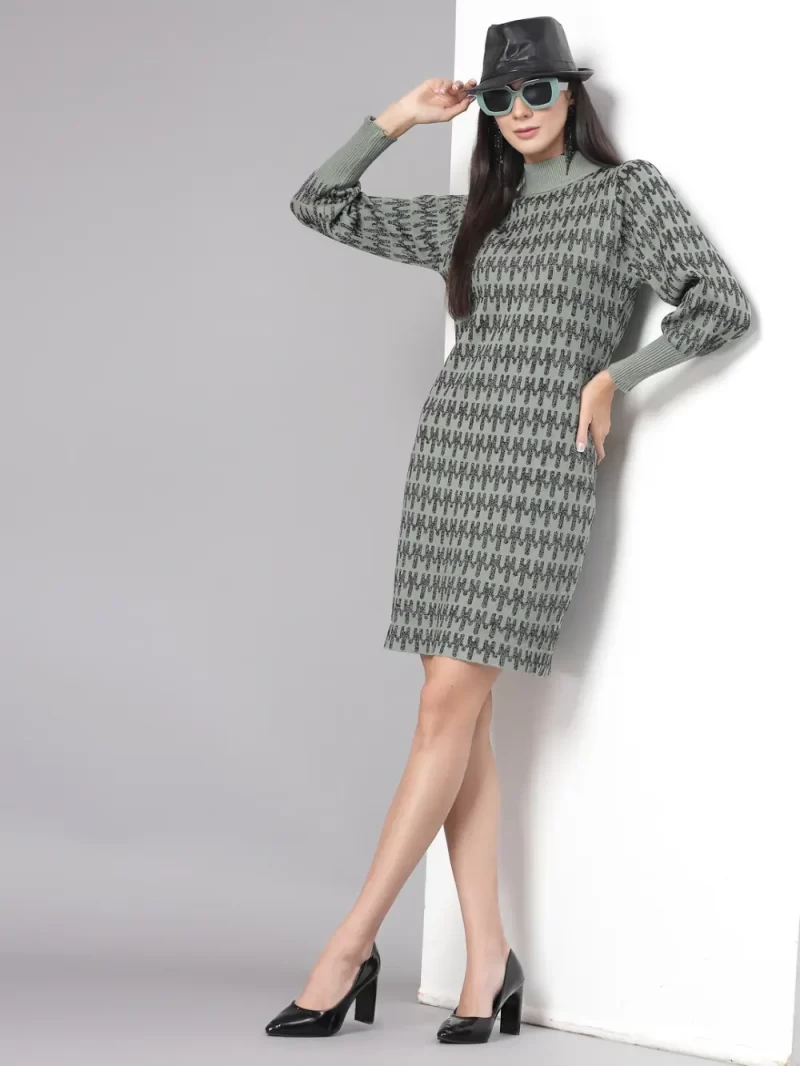 Geometric Printed High Neck Cuffed Sleeves T-Shirt Dresses