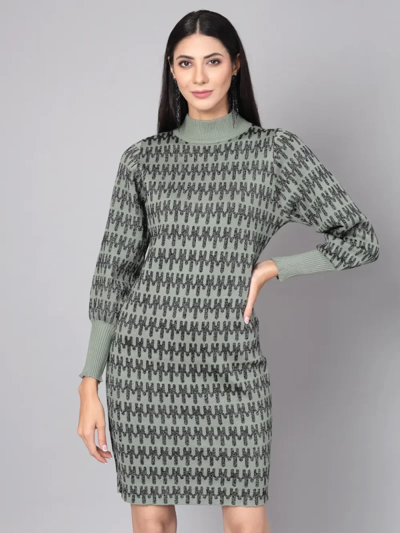 Geometric Printed High Neck Cuffed Sleeves T-Shirt Dresses