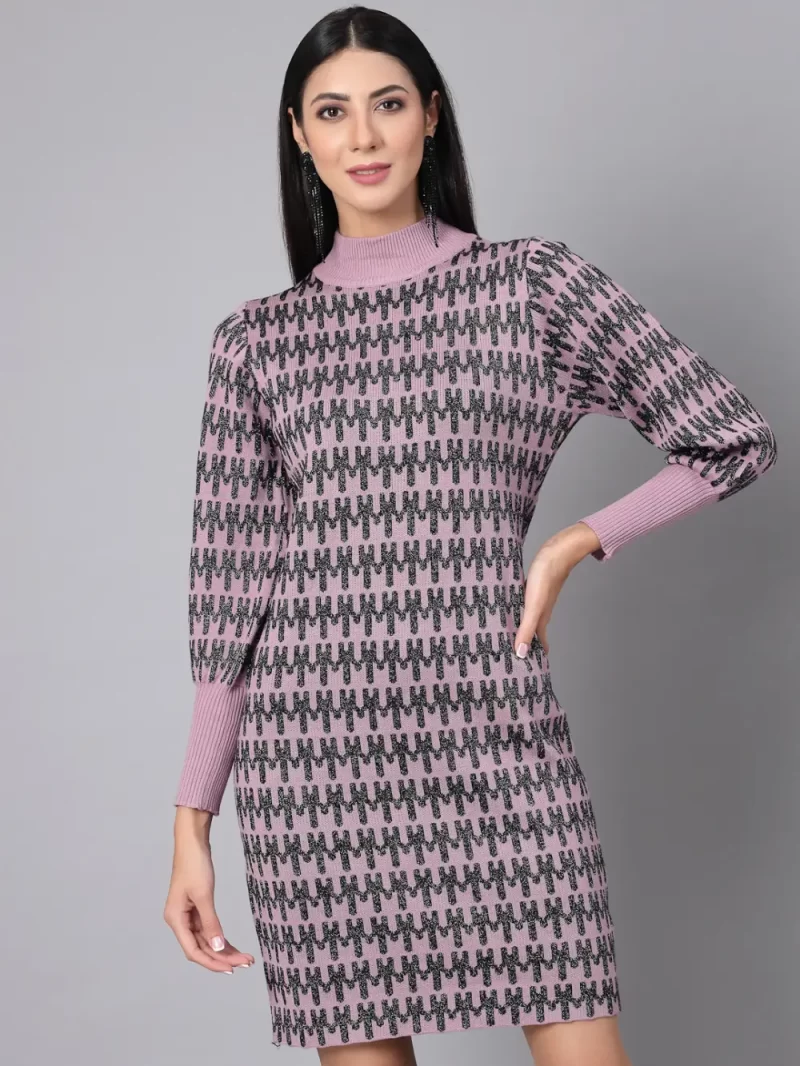 Geometric Printed High Neck Cuffed Sleeves T-Shirt Dresses