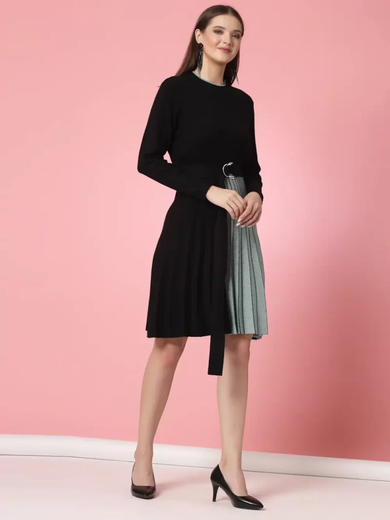 Striped Pleated A-Line Dress Comes With A Belt