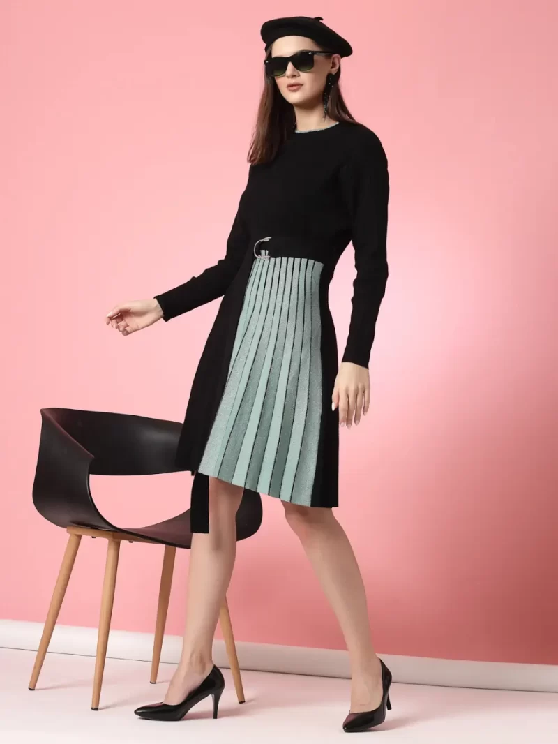 Striped Pleated A-Line Dress Comes With A Belt