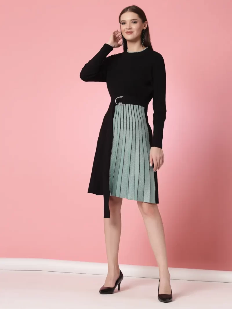Striped Pleated A-Line Dress Comes With A Belt