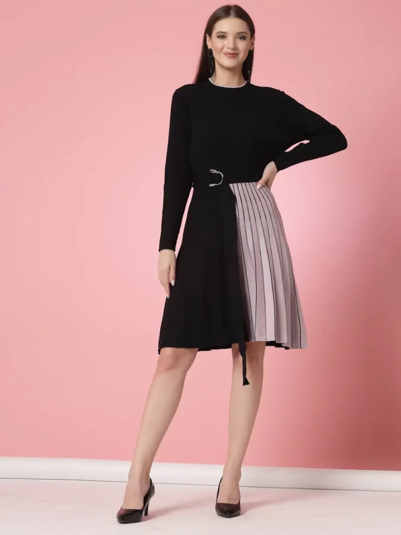 Striped Pleated A-Line Dress Comes With A Belt