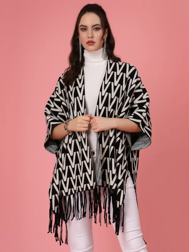 Geometric Printed Lapel Collar Longline Poncho