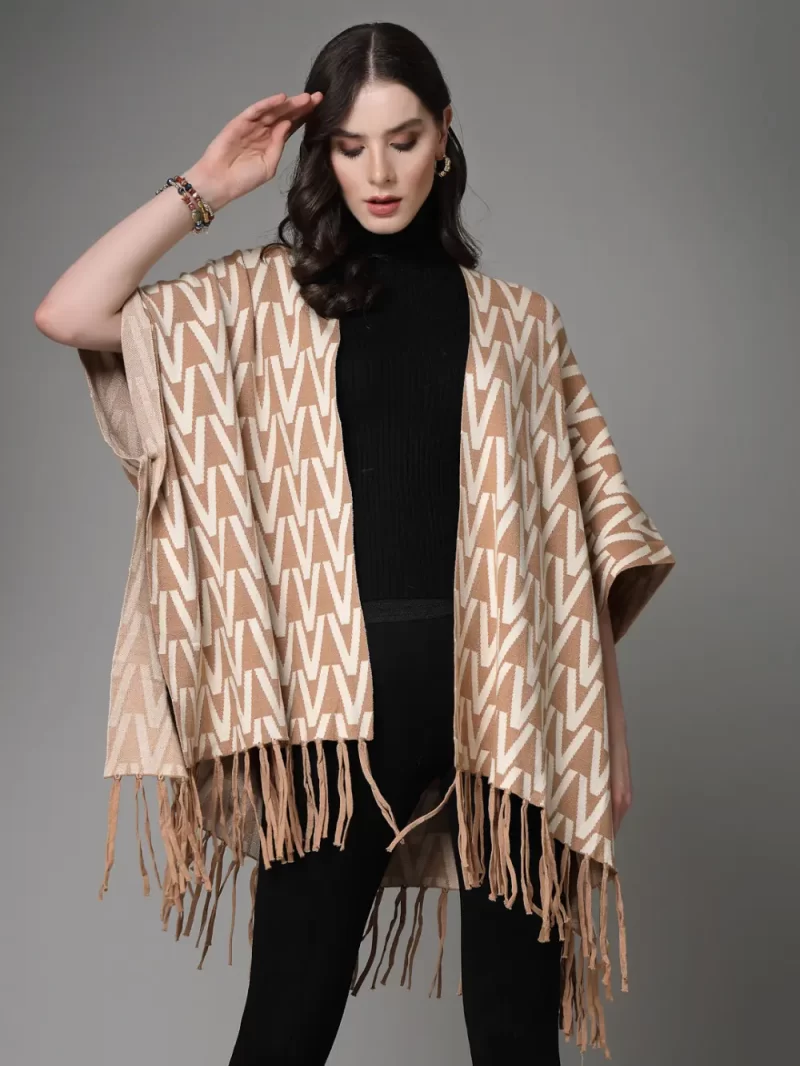 Geometric Printed Lapel Collar Longline Poncho