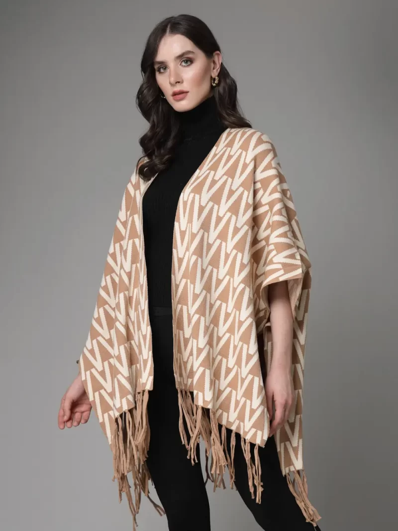Geometric Printed Lapel Collar Longline Poncho